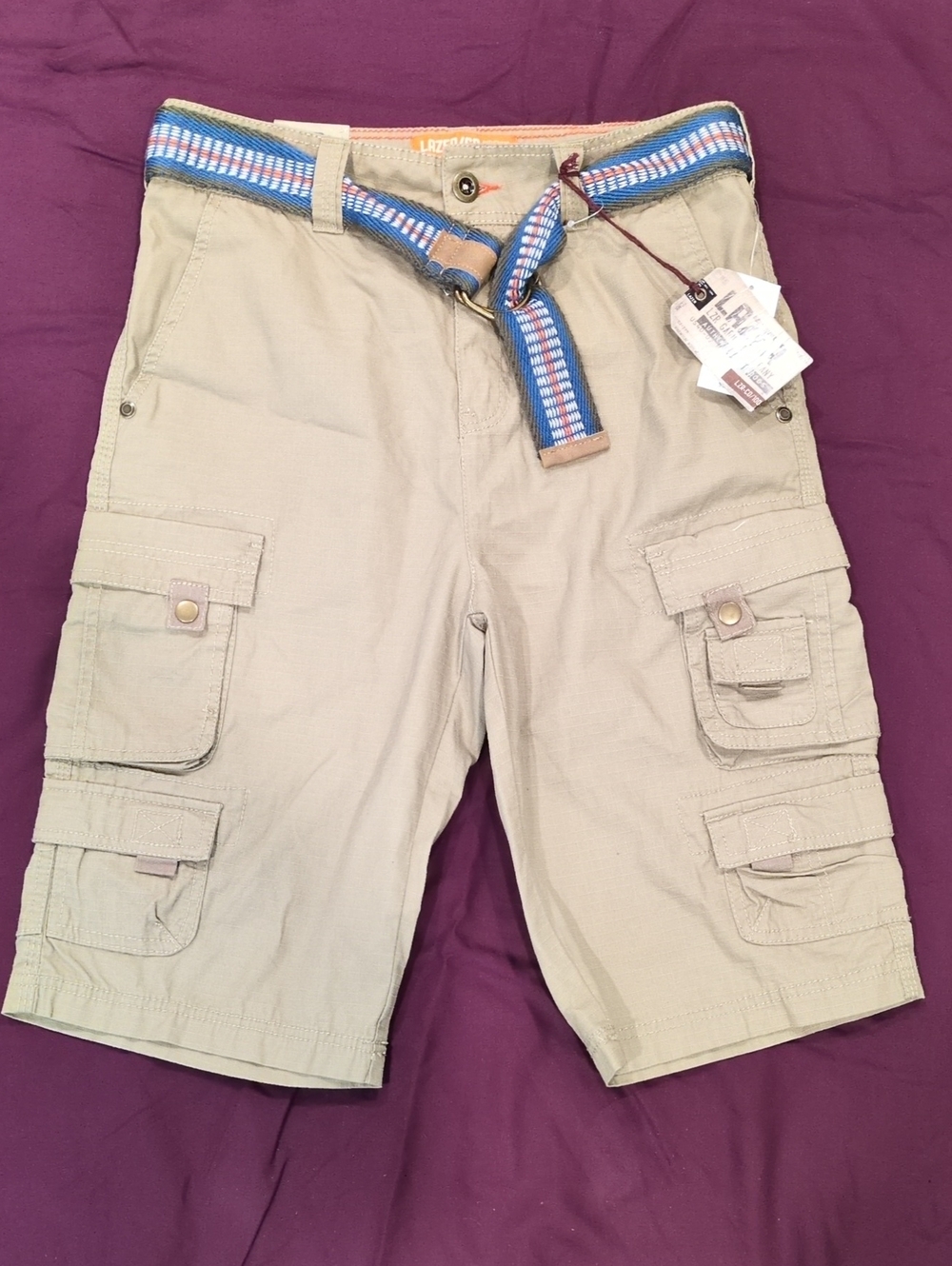 😎🩵🩳 NWT Lazer/Co Men's Khaki Cargo Shorts with Web Blue Belt size 29 😎🩵🩳